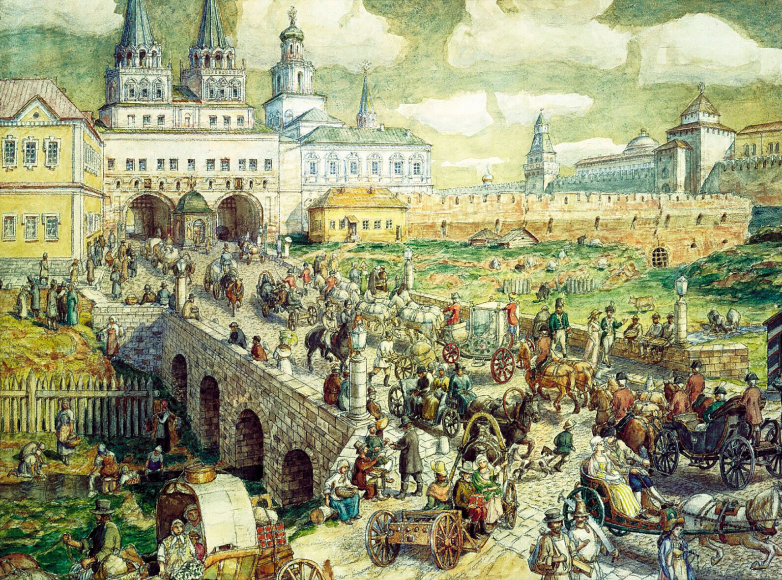 А. М. Васнецов. «Уличное движение на Воскресенском мосту в XVIII веке». 1926. Бумага, акварель, уголь. Музей Москвы, Москва. А. М. Васнецов. «Уличное движение на Воскресенском мосту в XVIII веке». 1926. Бумага, акварель, уголь. Музей Москвы, Москва.