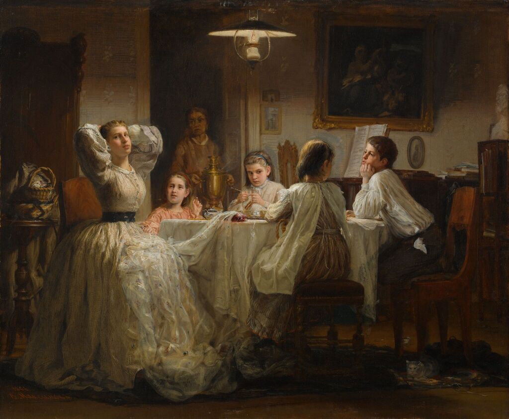 Максимов Василий (1844-1911). Шитье приданого. 1866 г. Собрание Государственной Третьяковской галереи