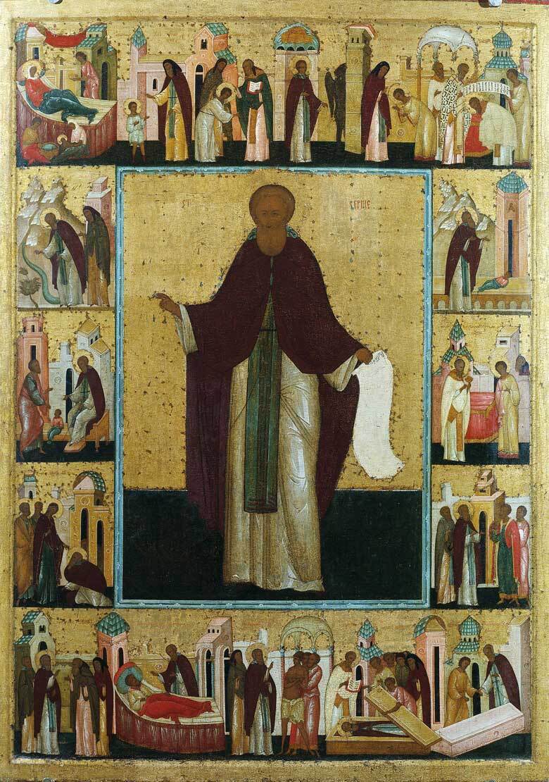 ПРЕПОДОБНЫЙ СЕРГИЙ РАДОНЕЖСКИЙ, С ЖИТИЕМ. Около 1510 года. Москва. Mастерская Феодосия. ПРЕПОДОБНЫЙ СЕРГИЙ РАДОНЕЖСКИЙ, С ЖИТИЕМ. Около 1510 года. Москва. Mастерская Феодосия.
