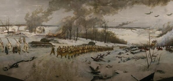 The Soviet counteroffensive near Moscow in December 1941. The painting