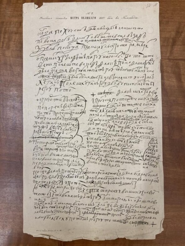 手稿"彼得大帝1697年荷兰教育笔记"的传真。 工作表